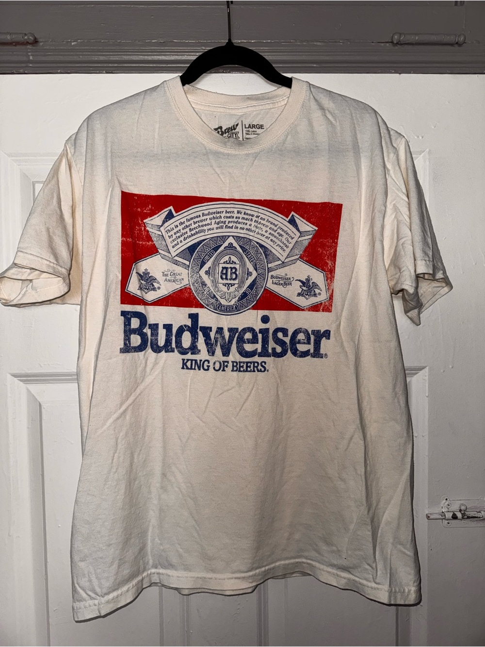 Budweiser Cream Short Sleeve Logo Tee with Red and Blue Print